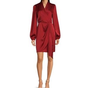 Alex Marie Long Sleeve Red Satin Surplice V-Neck Front Drape Dress